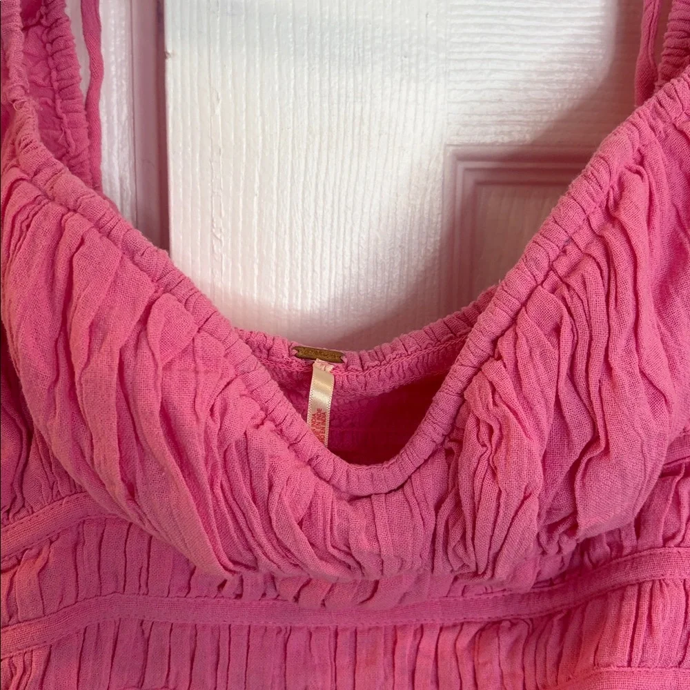 FREE PEOPLE CHLOE TIE BACK LONG SLEEVES CROPPED SMOCKED TOP BLOUSE HOT PINK SZ S